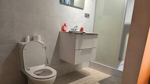 A modern bathroom with a toilet, a sink, and a shower.