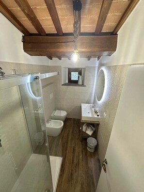 Shower, hair dryer, bidet, towels - UNDER THE TUSCAN SUN. Rustic-modern apartments in peaceful Tuscan hamlet (Petrognano Basso)