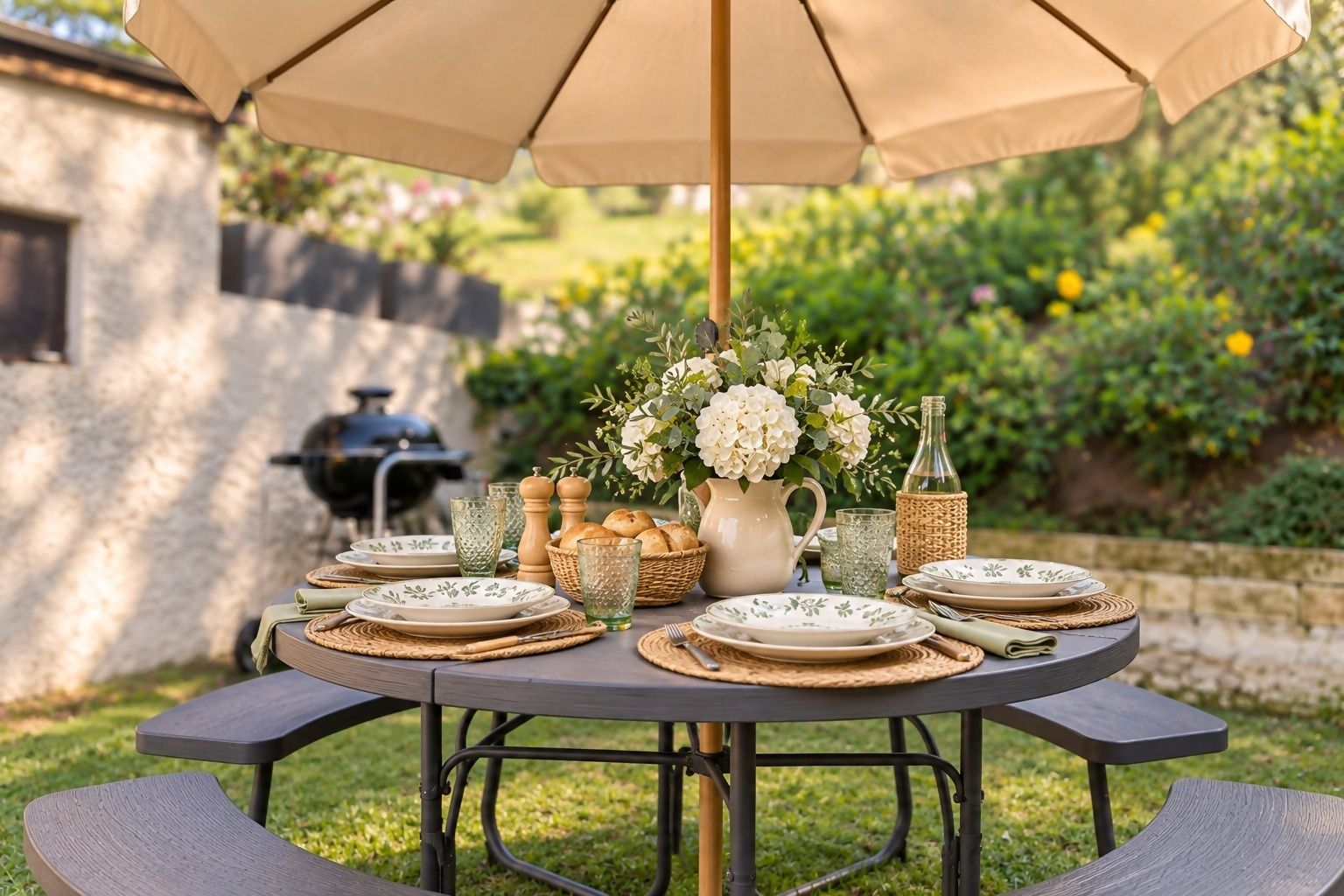 An outdoor dining setup with a round table, multiple plates, glasses, and a central floral arrangement.