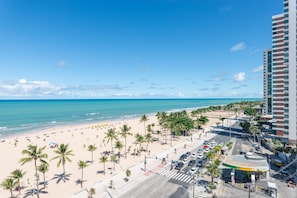 Una playa con palmeras, una carretera y un edificio alto.