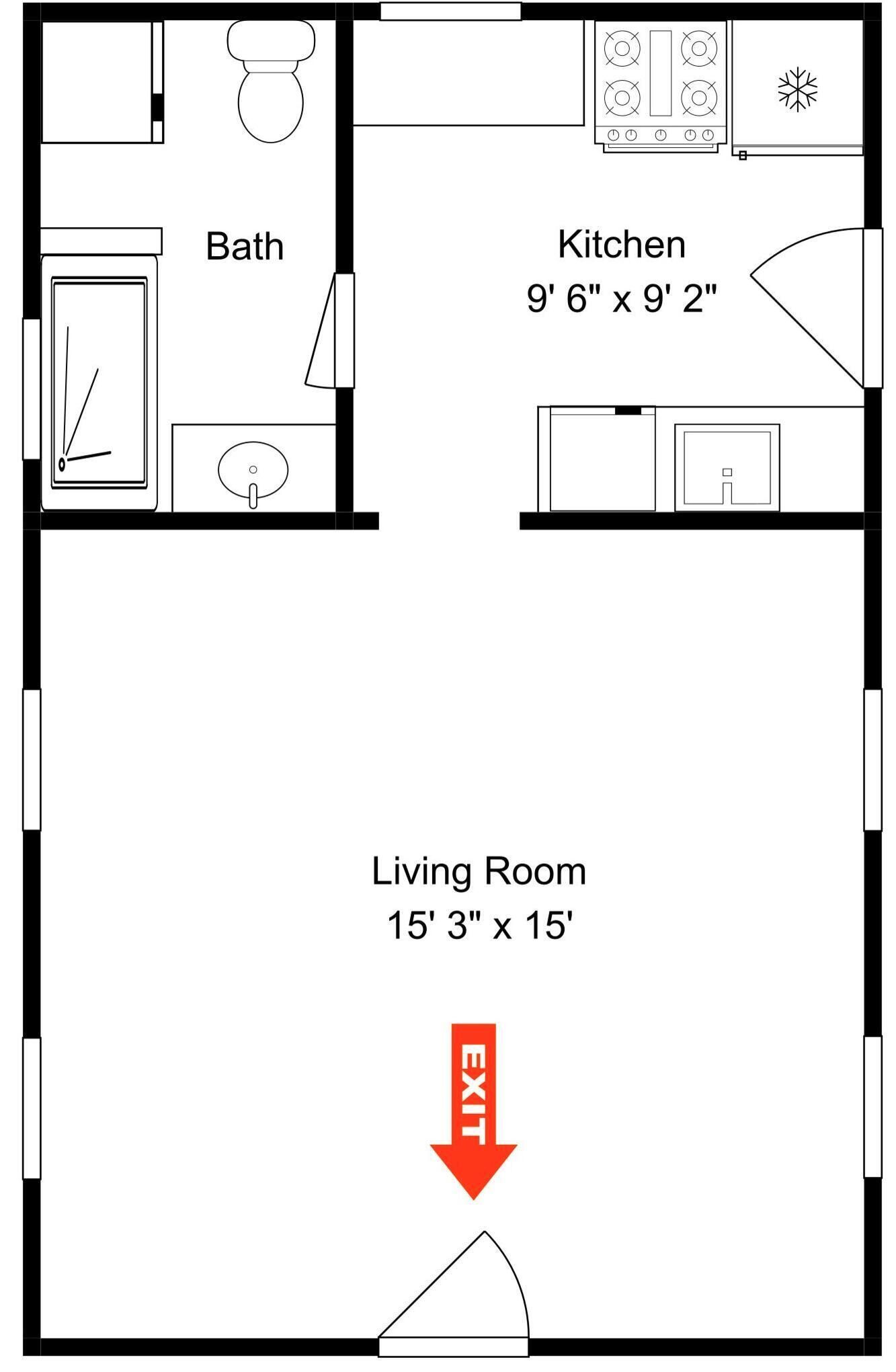 A floor plan with a living room measuring 15' 3' x 15', a kitchen measuring 9' 6' x 9' 2', and a bathroom.