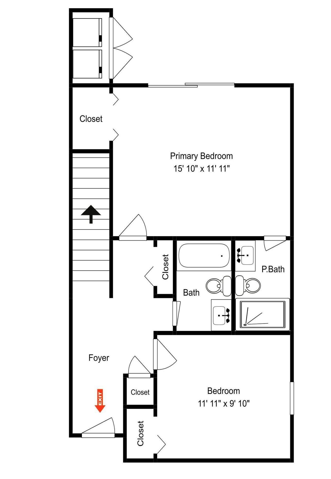 Un plan d’étage comprenant une chambre principale, une chambre d’appoint, deux salles de bain, un hall d’entrée et des placards.