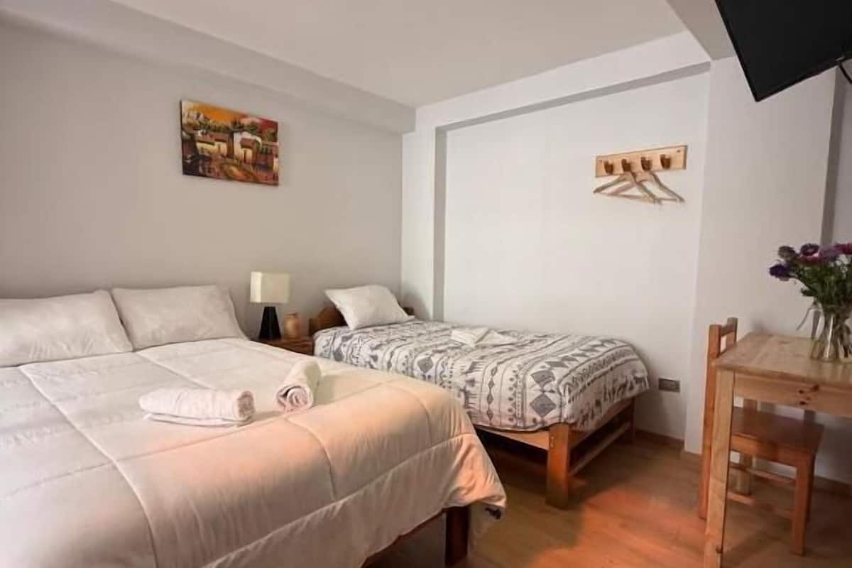 A bedroom with two beds, a bedside table, a lamp, a TV, and a wooden chair.