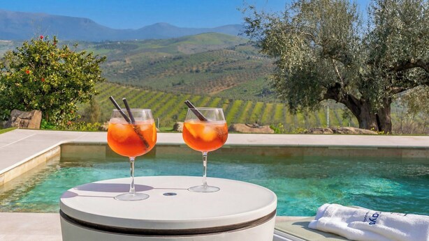 Two glasses of a red beverage on a table by a pool with a mountainous backdrop. - Casa Olivo Vélez-Málaga by Ruralidays (Málaga)
