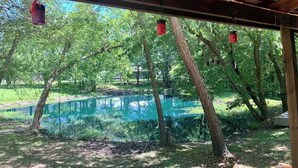 A covered outdoor area with a pond, trees, and hanging lanterns.