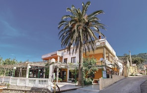 A two-story building with a balcony, a palm tree, and a sign that reads 'GOSTIONA DADG.'