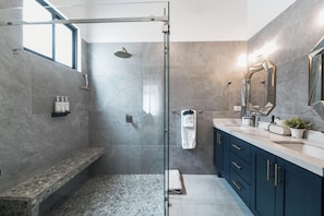 A modern bathroom with a glass-enclosed shower, a bench, a vanity with a mirror, and a potted plant.