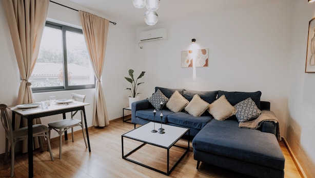 A living room with a sofa, a dining table with chairs, a coffee table, a potted plant, and a window with curtains. - Cozy 1-bedroom apartment in the heart of Tirana (Tirana)