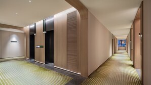 A hotel corridor with a modern design, featuring a long hallway with doors on one side and a carpeted floor. - Holiday Inn Quanzhou Jinjiang Airport by IHG (Quanzhou)