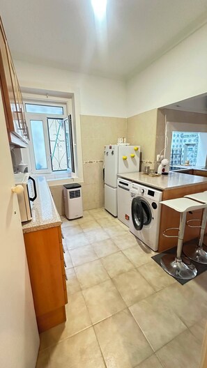 Uma cozinha compacta com máquina de lavar, geladeira e janela com vista.