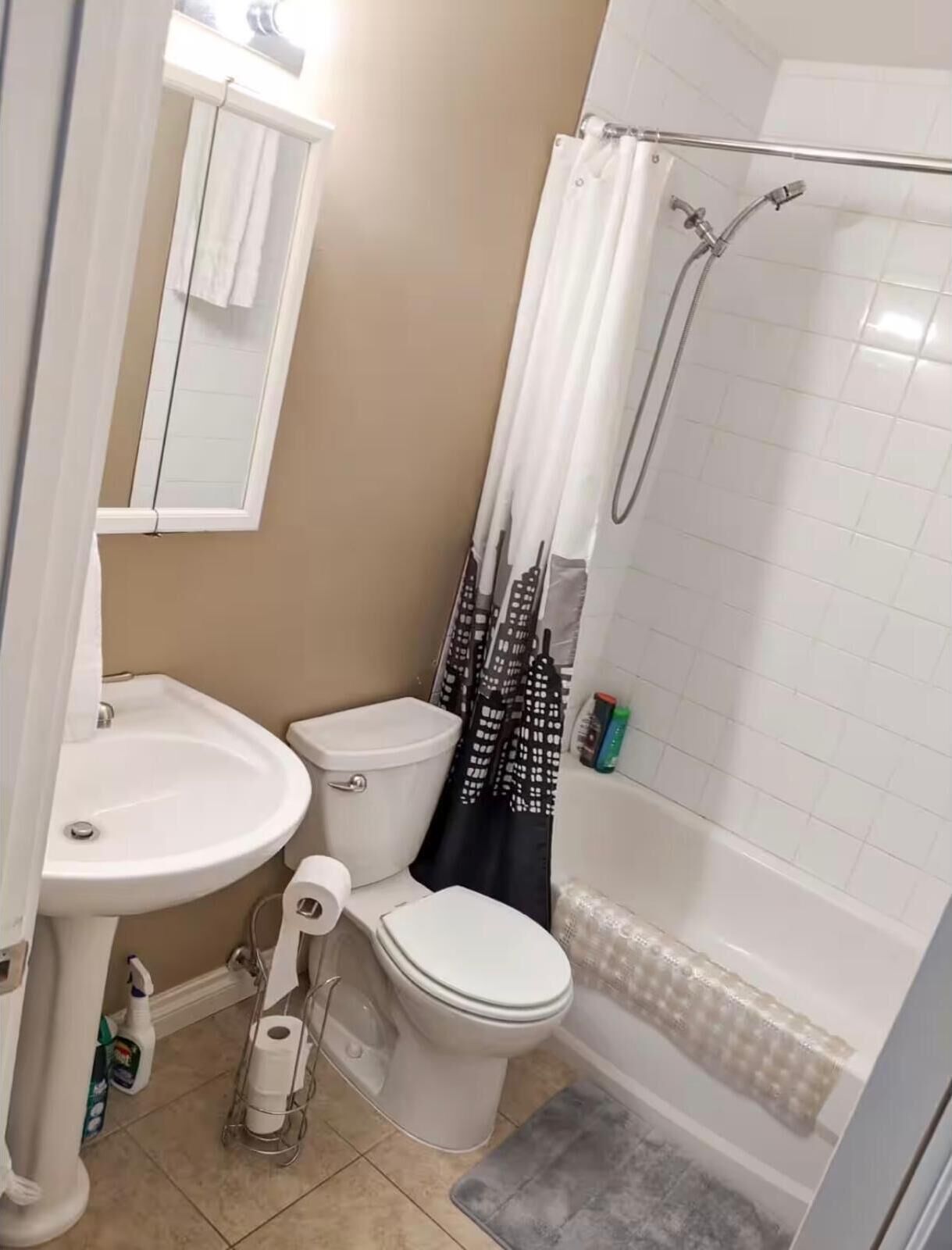 Hair dryer, towels, soap, toilet paper