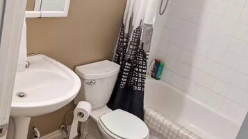 Hair dryer, towels, soap, toilet paper