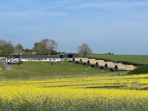 A rural property with a large barn, a white building, and a field of yellow flowers. - New Farm Cottage, 3 bed, hot tub, private garden, stunning views (Blandford Forum)