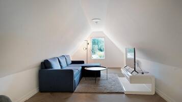 A modern loft bedroom with a sloped ceiling, a built-in TV stand, a sofa, and a small round table.