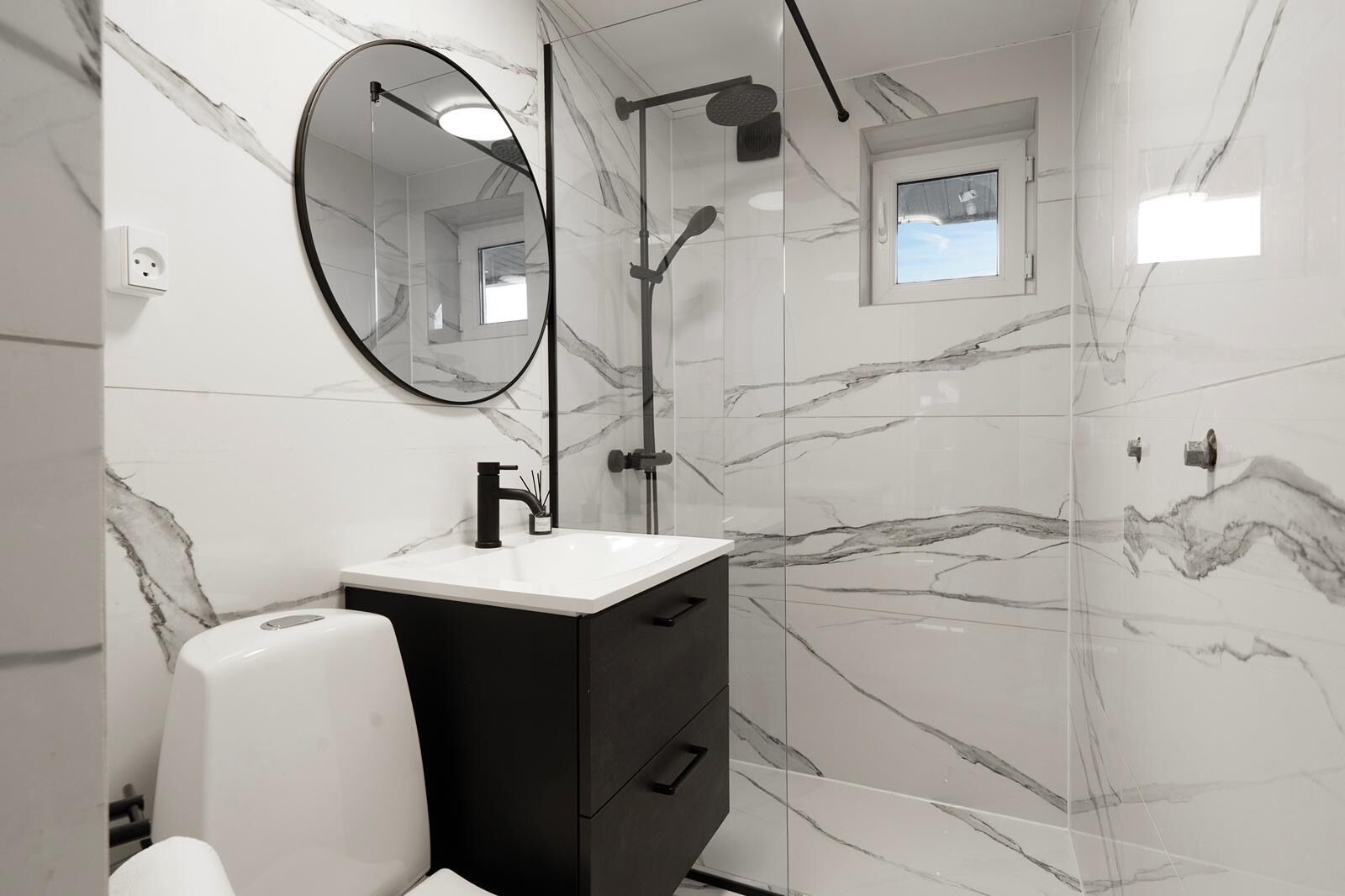 Hair dryer, towels, soap, toilet paper