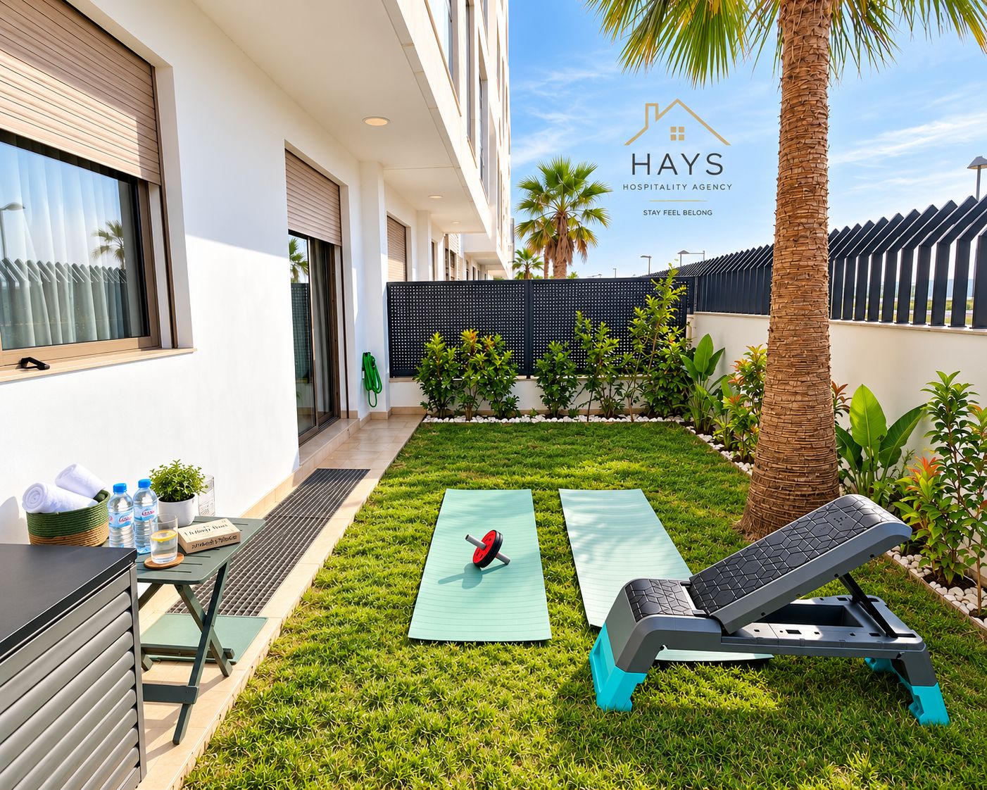 A modern outdoor area with a yoga mat, exercise equipment, and a water bottle on a table.