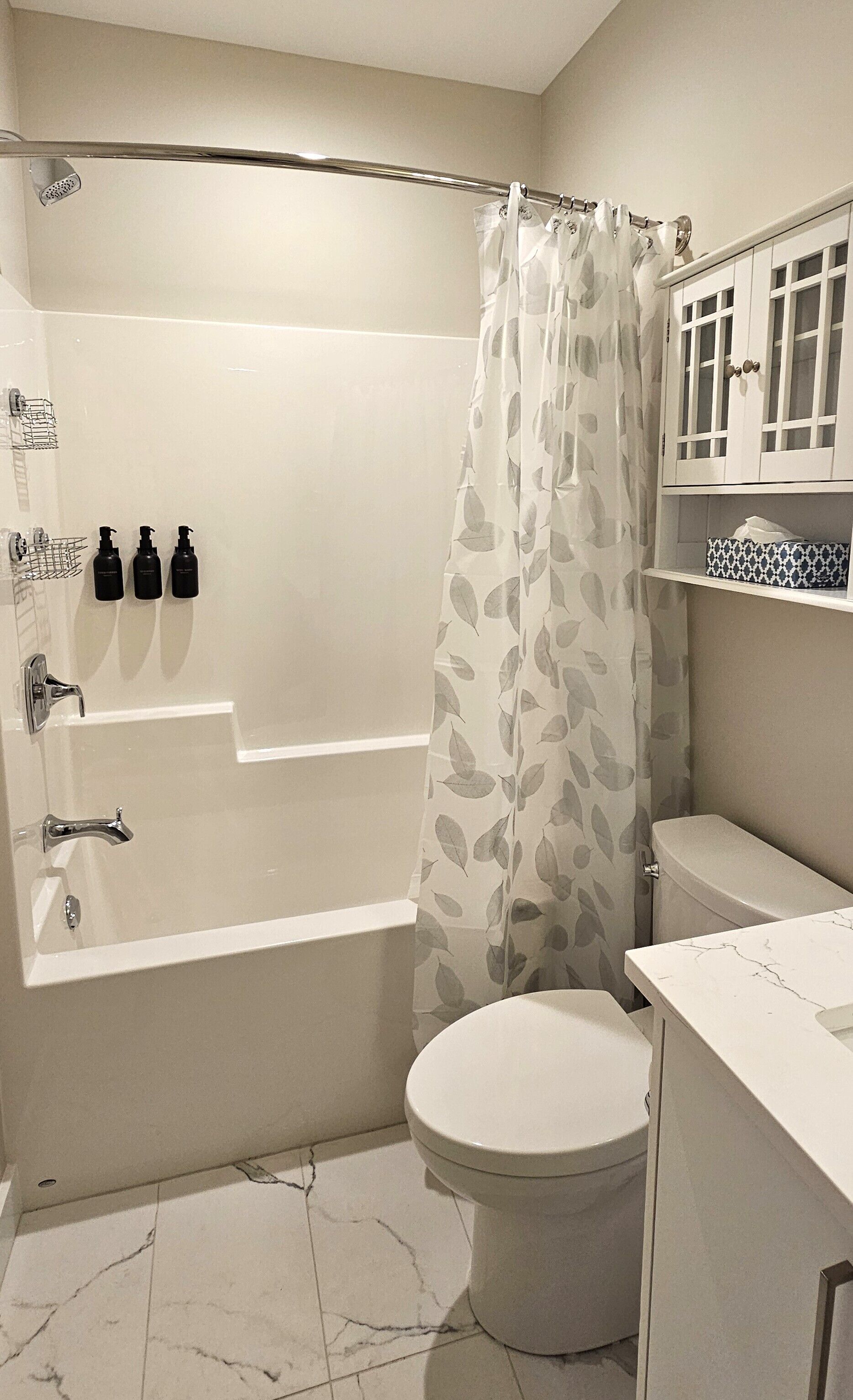 Hair dryer, towels, soap, shampoo