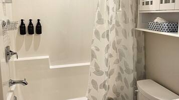 Hair dryer, towels, soap, shampoo