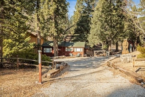 A rustic cabin with a gravel driveway, surrounded by tall pine trees. - Treetop Annex, Near Village w/ Forest Views (Big Bear Lake)