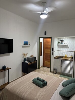 Un dormitorio con cama, escritorio, televisor, ventilador de techo y kitchenette.