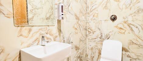 A bathroom with a marble wall, a sink, a toilet, and a mirror.