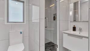 A modern bathroom with a toilet, a glass-enclosed shower, and a vanity with a mirror. - Studio 5 - Waterfront Studio at HarbourLights (One Tree Point)