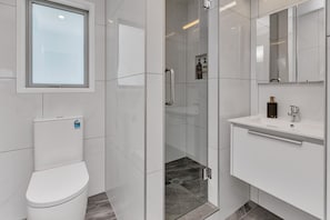 Un baño moderno con inodoro, ducha con mampara de vidrio y tocador con espejo.