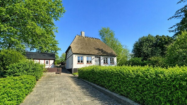 A traditional house with a thatched roof, a paved pathway leading to the entrance, and a well-maintained hedge. - 4 bedroom nice home in Nordborg (Nordborg)