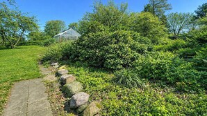 A garden with a stone pathway, a greenhouse, and various green shrubs. - 4 bedroom nice home in Nordborg (Nordborg)