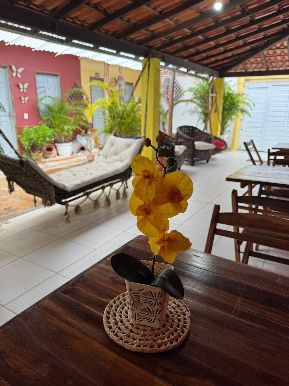 A dining area with a table, chairs, and a decorative plant.