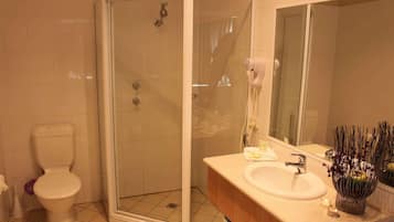 A bathroom with a glass-enclosed shower, a toilet, a sink with a mirror, and a vase with dried flowers.