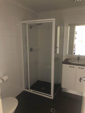 A bathroom with a glass-enclosed shower, a toilet, and a sink with a mirror.
