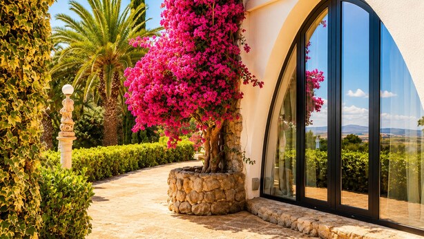 Un camí que condueix a un edifici amb una gran finestra d'arc i una jardineria de pedra amb un arbre florit.