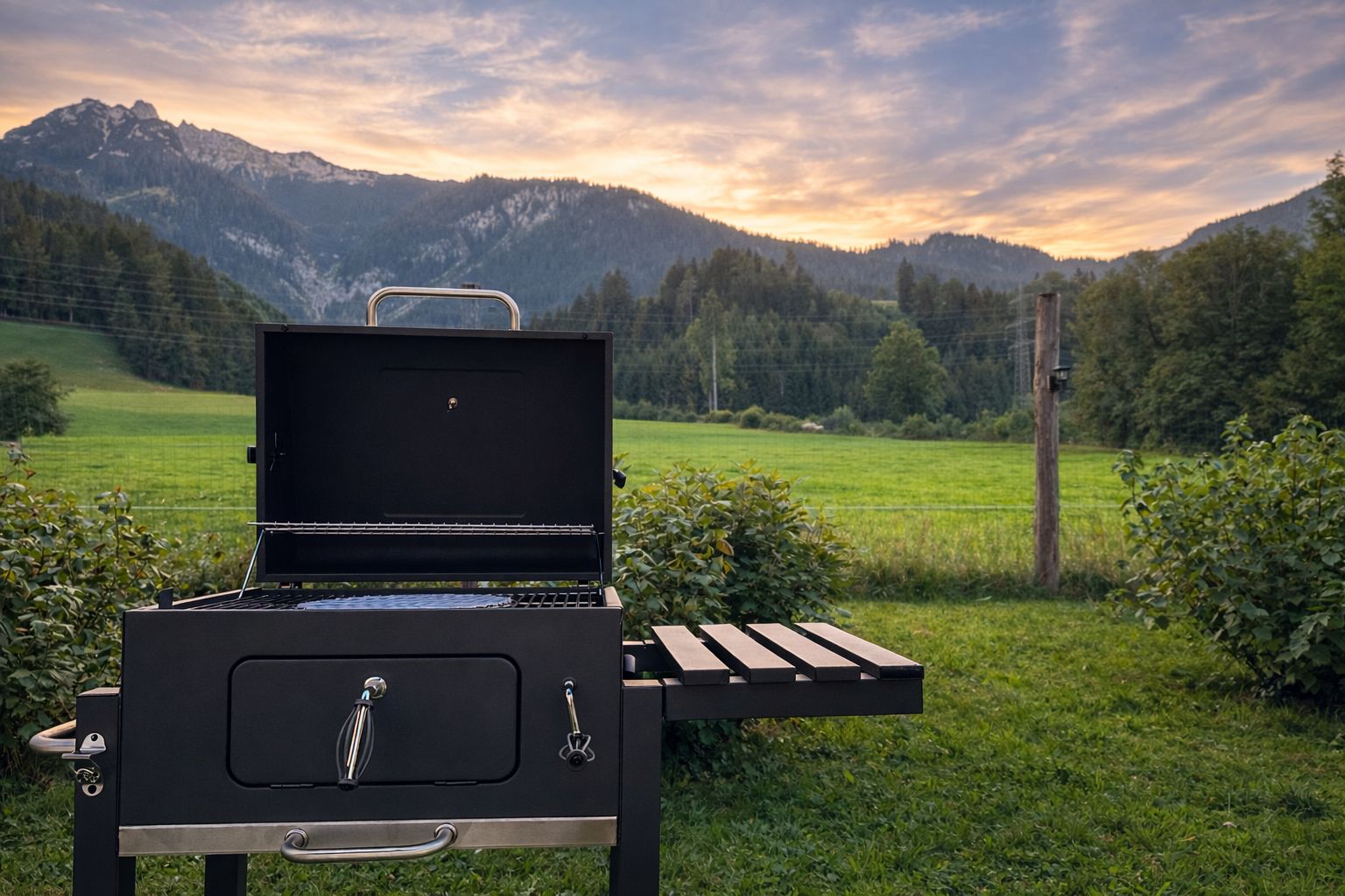 Een buitenbarbecue met handgreep en deksel, voor een achtergrond van een grasveld en bergen.