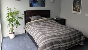 A bedroom with a bed, a nightstand, a wall-mounted lamp, a framed picture, and a potted plant. - Cozy 1-bedroom condo in serene Kansas City with AC and gym (Kansas City)