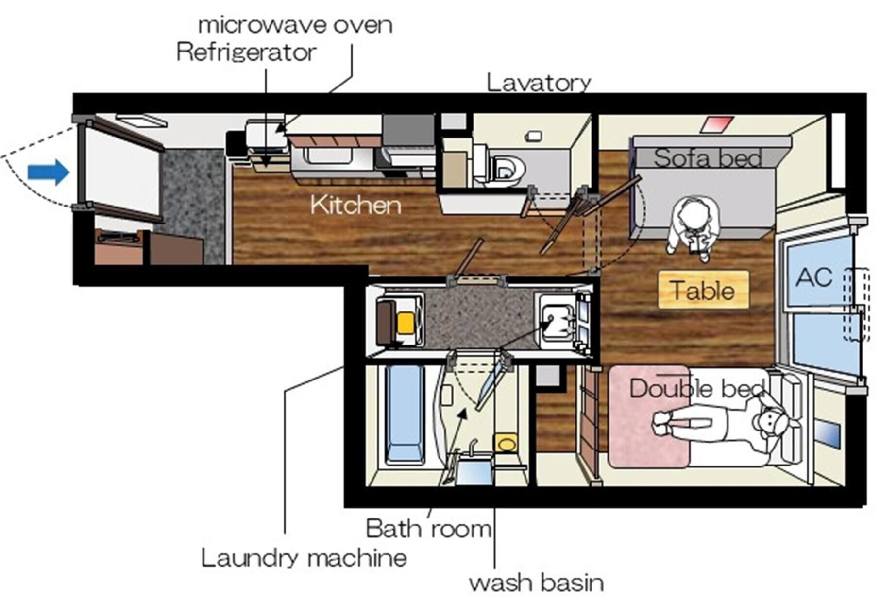 A floor plan of a hotel room with a kitchen, bathroom, and a double bed.