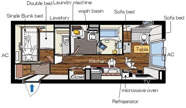 Plano de planta de un apartamento pequeño con una cama litera, una cama doble, un lavamanos, una cama sofá, una cocina, un televisor, un horno microondas y un refrigerador.