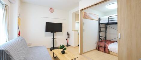 Habitación de hotel compacta con literas, televisión, una mesita con planta y luz de techo.