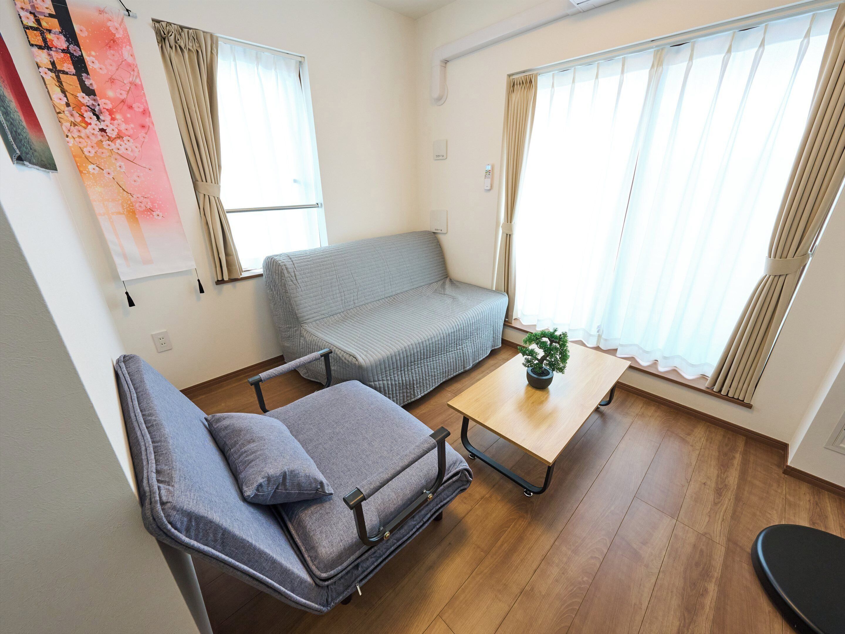 A compact living space with a sofa, a small table with a plant, and a chair.