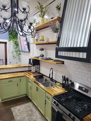 A kitchen with green cabinets, a stainless steel sink, a stove, and hanging plants.