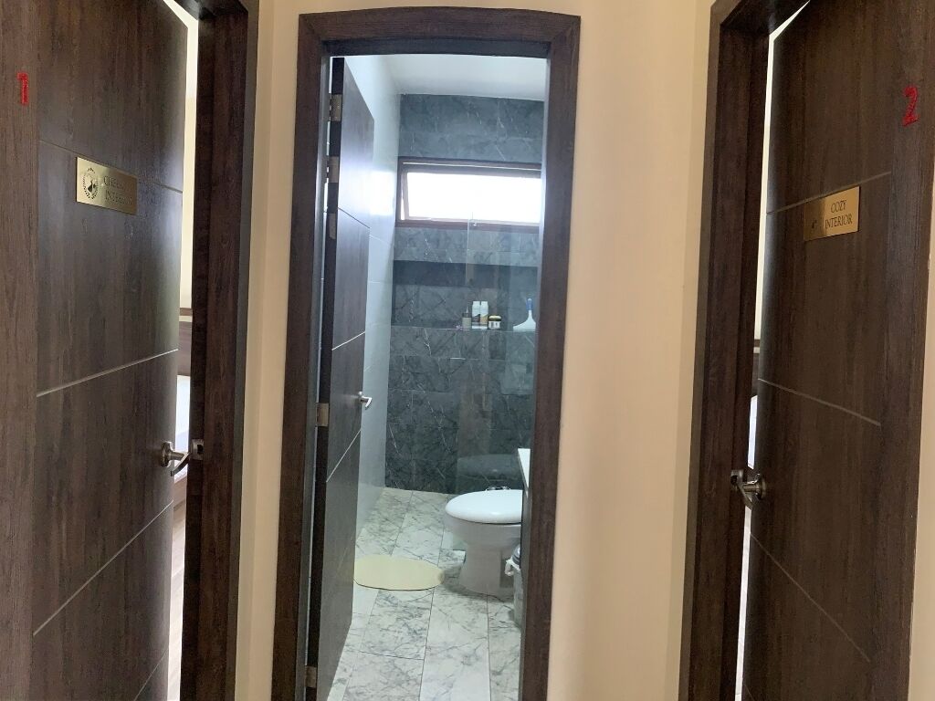 A corridor leading to a bathroom with a toilet, a shower area, and a marble floor.