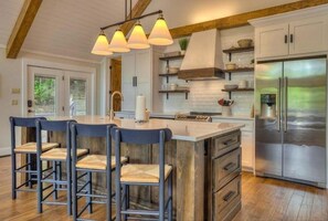 Fridge, microwave, oven, stovetop - Lure Me | 4 Bedroom Lakefront Home | Private Dock + Big Deck Views | Lake Lure, NC (Lake Lure)