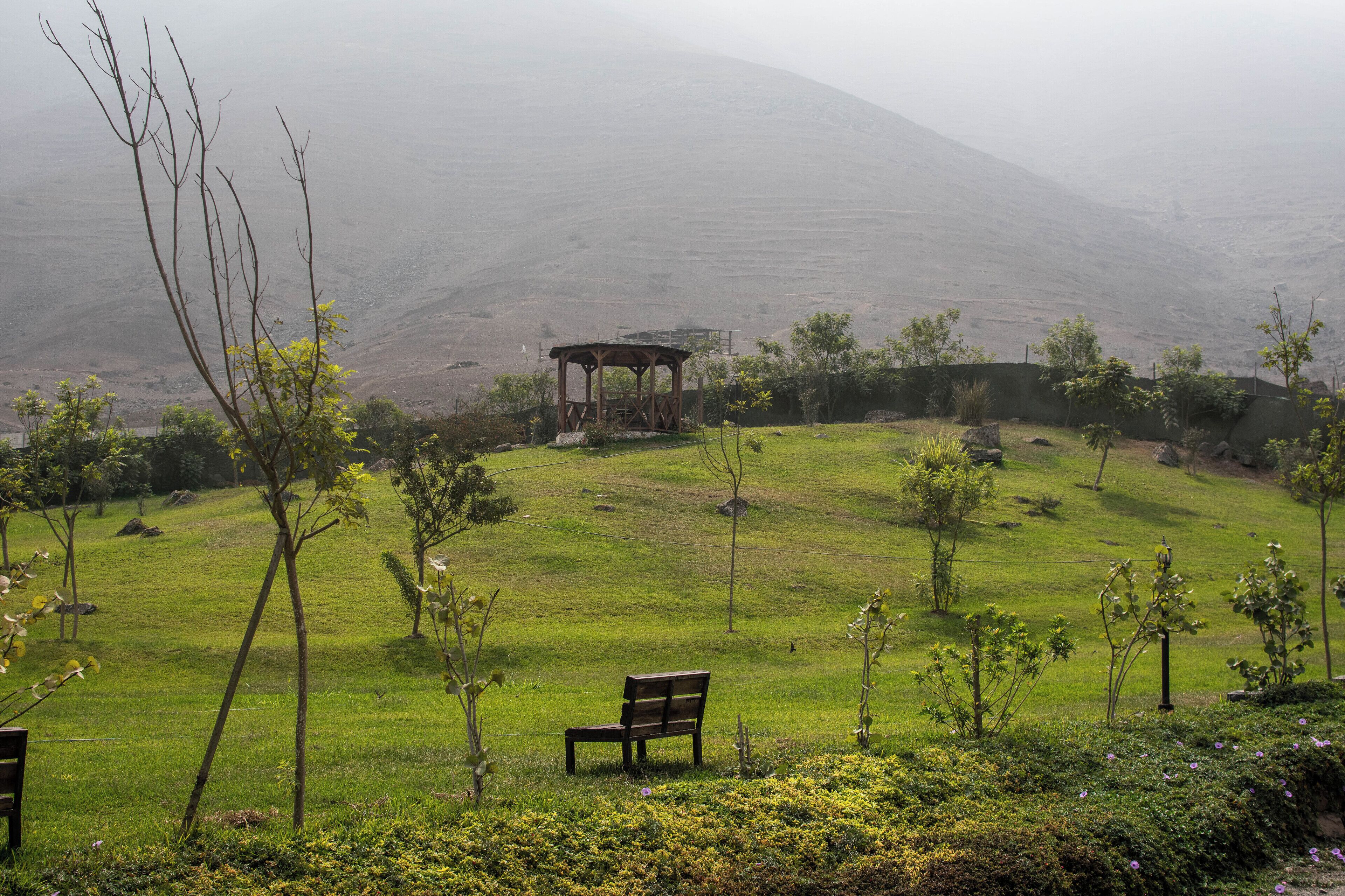 A park with a wooden gazebo, a bench, and a hilly landscape.