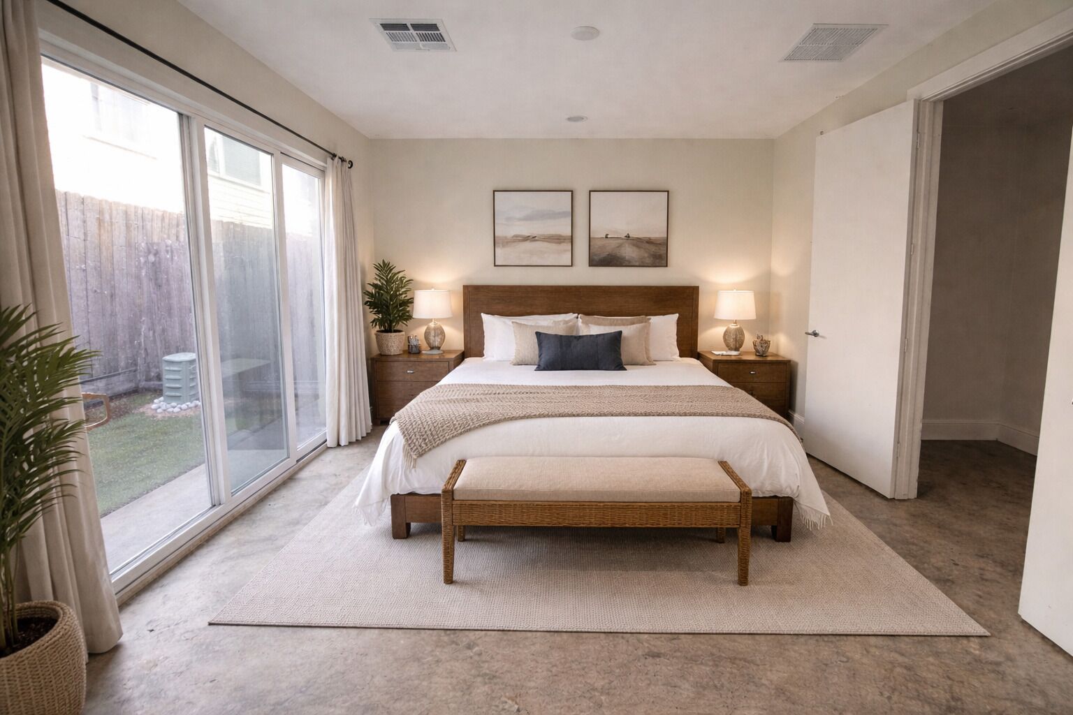 Ein Schlafzimmer mit einem großen Bett, zwei Nachttischen, einer Bank, einer Schiebetür aus Glas und Blick auf einen Hinterhof.