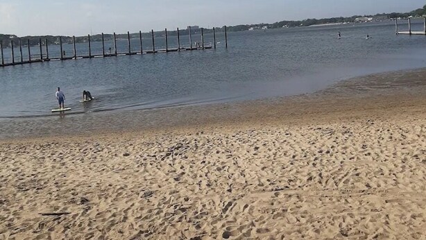 Una spiaggia con una battigia sabbiosa, un molo che si protende sull'acqua e un cielo sereno.