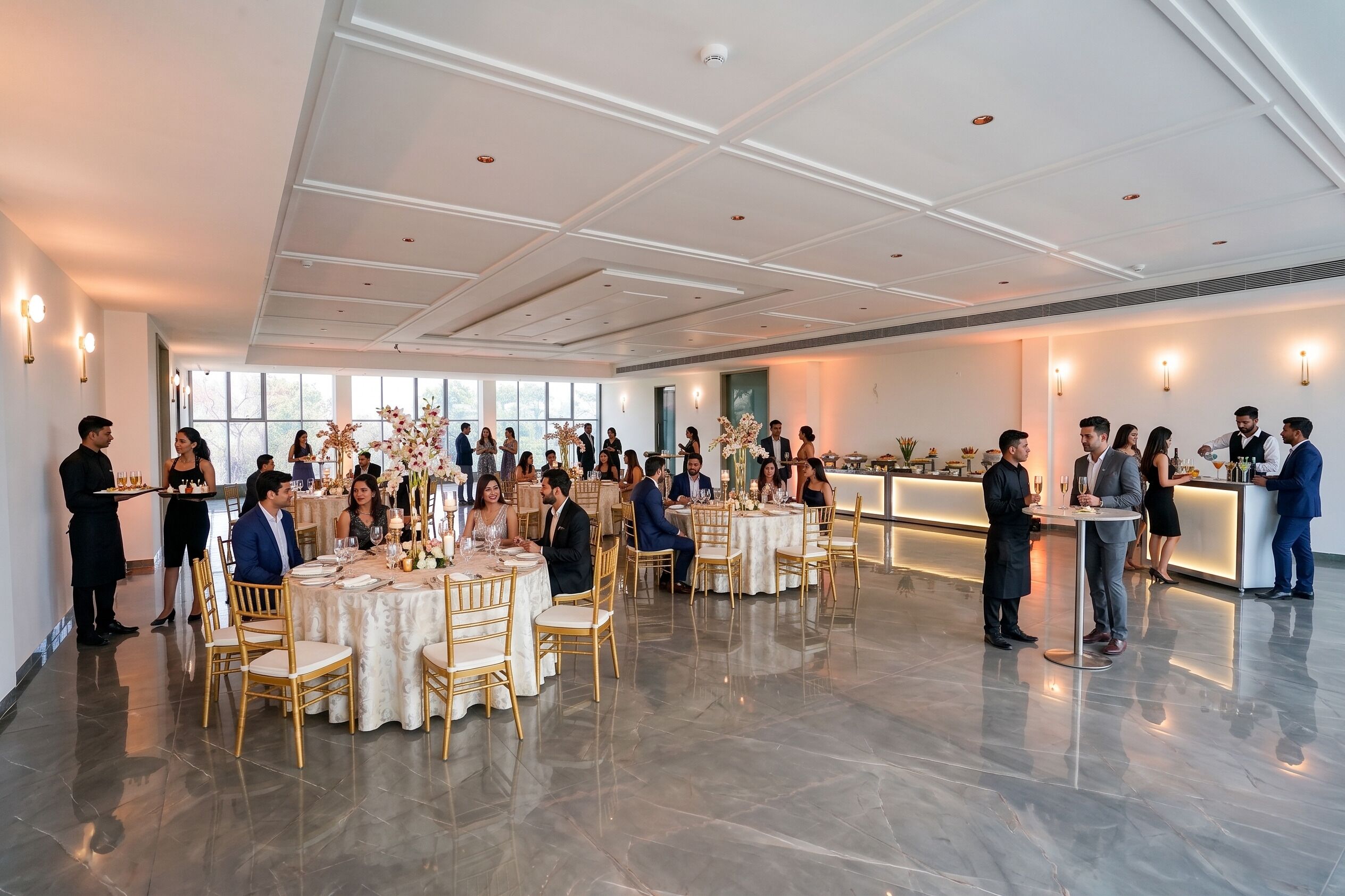 A spacious indoor venue with multiple round tables, chairs, and a reception area.