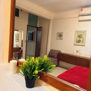 Une chambre à coucher comprenant un lit, une table de chevet avec une plante, un miroir, une armoire et une porte donnant sur une autre pièce.