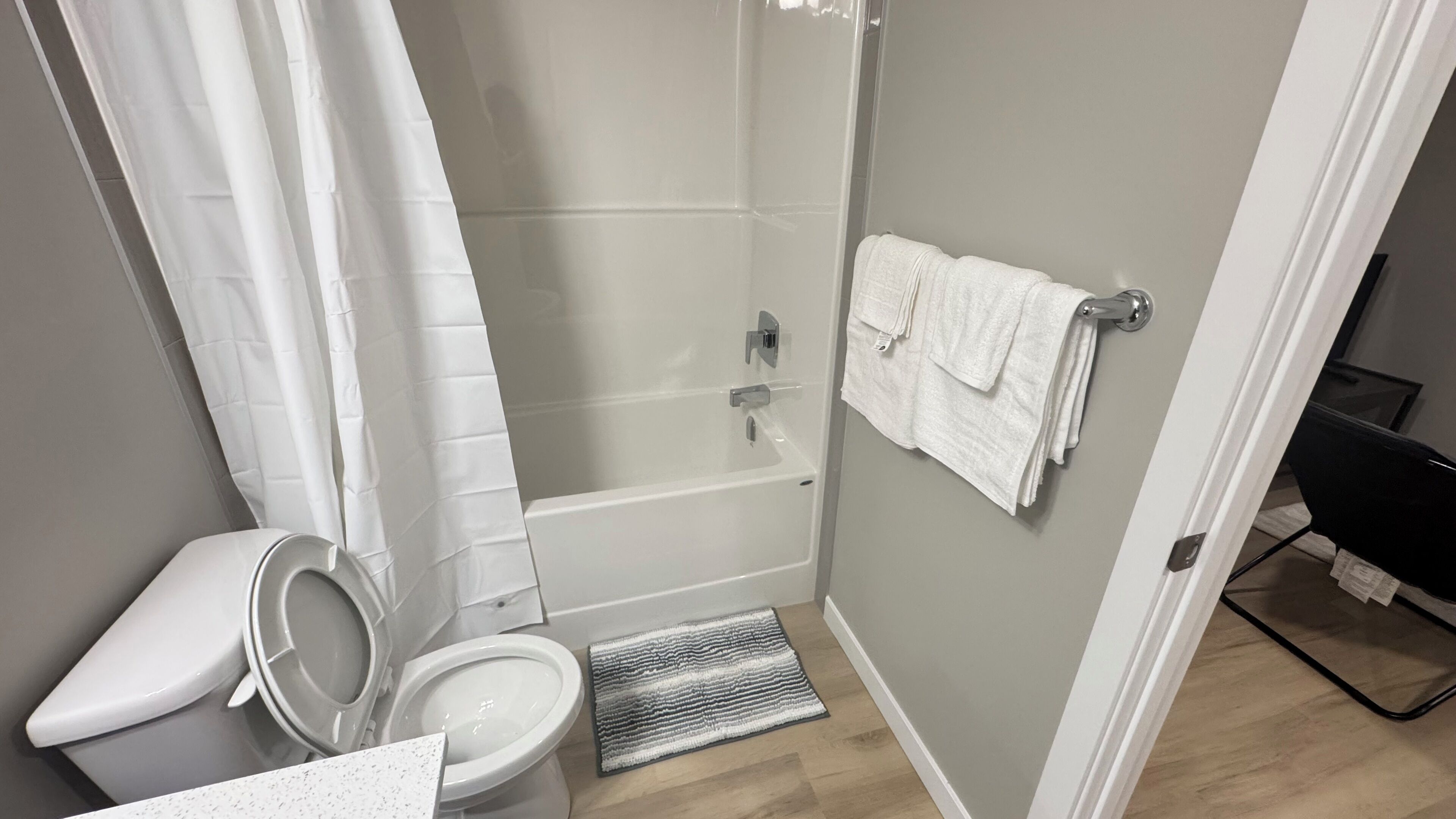 Hair dryer, towels, soap, toilet paper