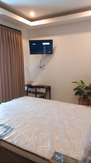 Ein Hotelzimmer mit Bett, Schreibtisch, Fernseher und einer Zimmerpflanze.