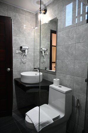 A modern bathroom with a round sink, a toilet, a glass shower enclosure, and a mirror. - RS1 Hotel (Vientiane)